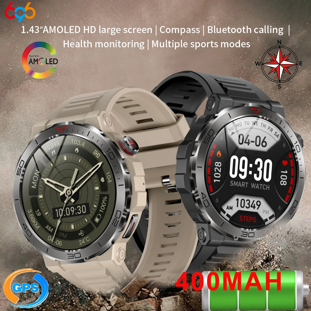 

Clock New 1.43" AMOLED Screen Compass Outdoor Sports Smart Watch Blue Tooth Call Health Monitoring IP68 Waterproof Smartwatch