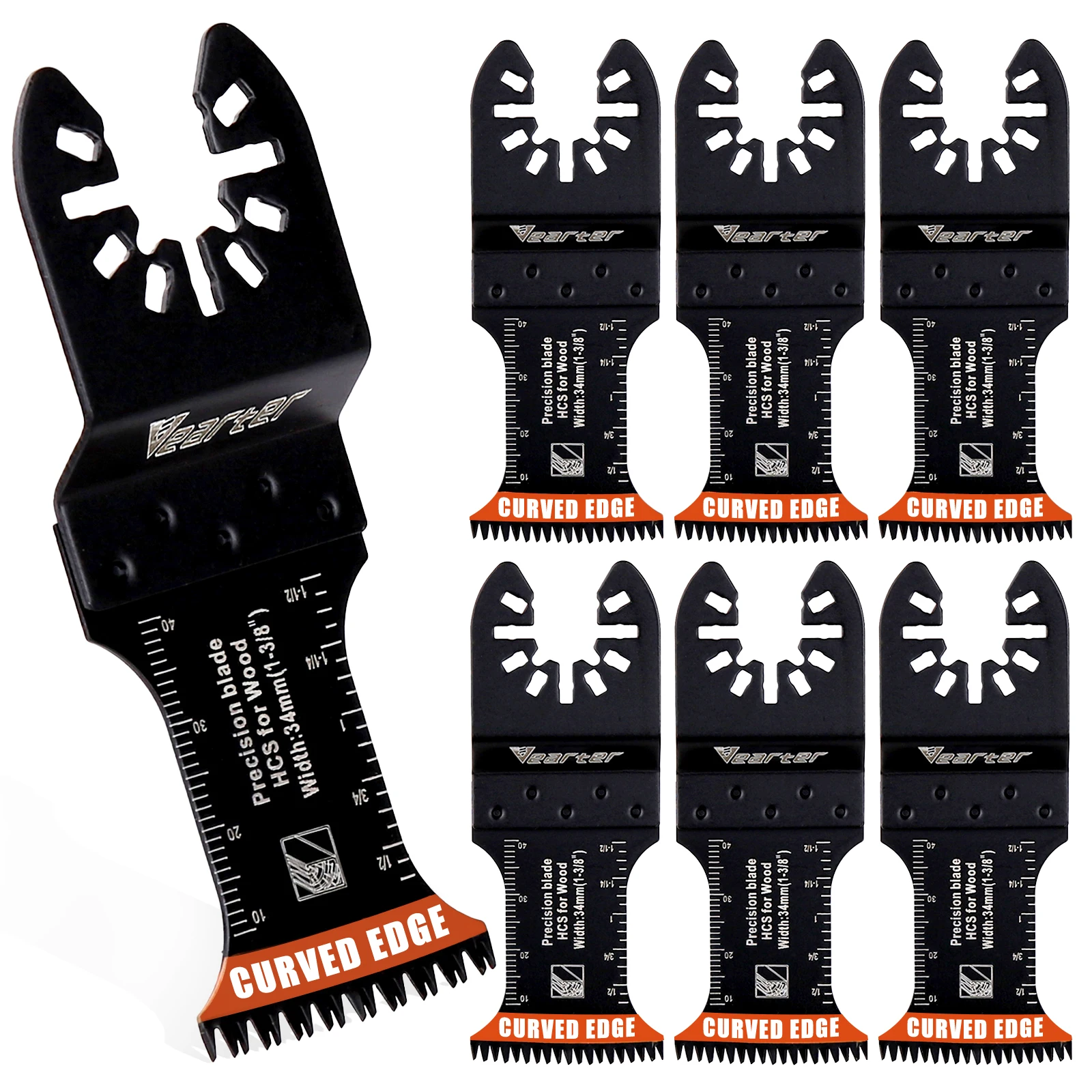 Vearter 7PCS HCS Curved Edge Oscillating Saw Blade Set 34mm Precision Blades with Quick Release Shank for Wood
