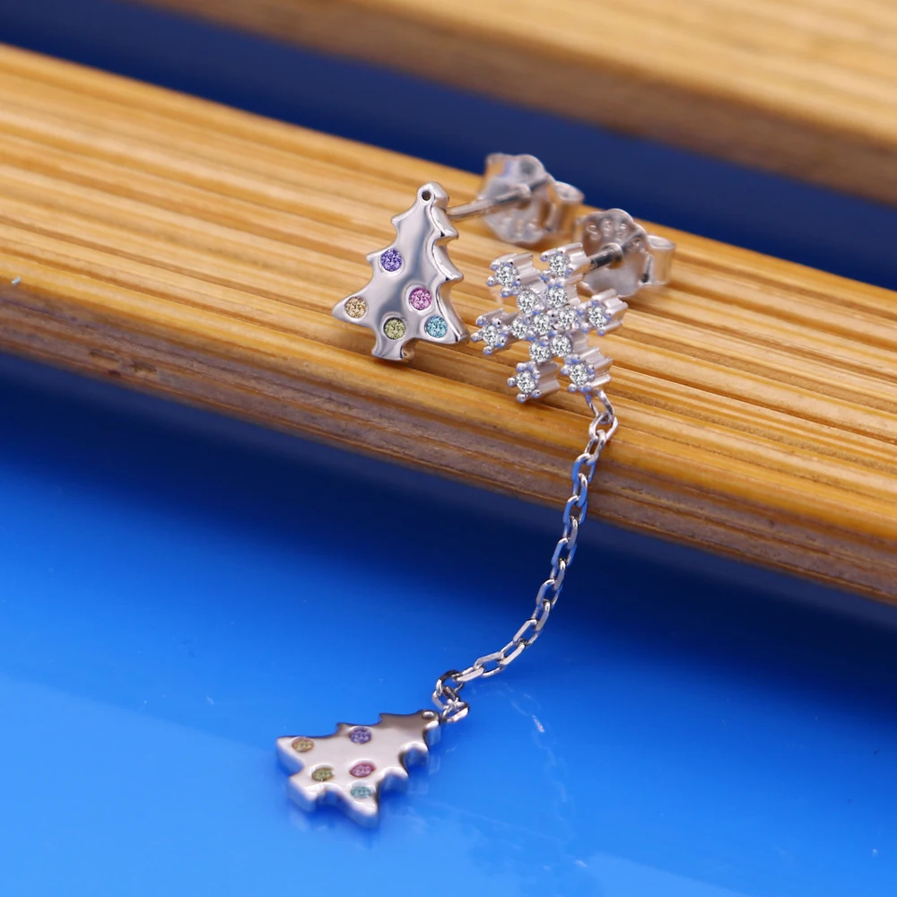 

Christmas Asymmetric Earrings Festival Ornaments Christmas Tree Earrings For women 925 Sterling Silver Snowflake Stud Earring