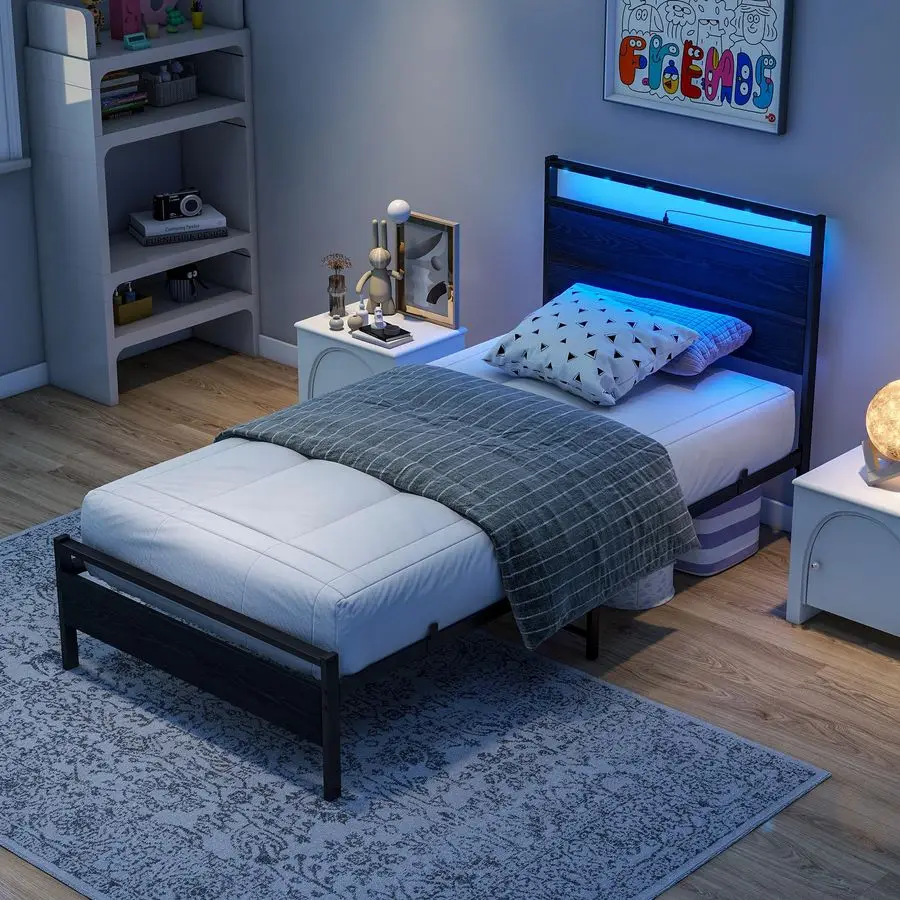

Twin Bed Frame with Wood Headboard and USB Charging Station LED Lights,Metal Single Platform Bed Frame Twin Size No Box Spring