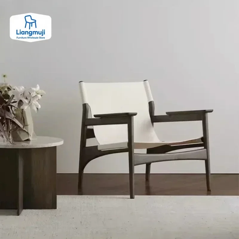 

High-end Leather Chair, Danish Leisure Single Back Chair, Solid Wood Saddle Leather Armchair, Home Balcony Leisure Chair