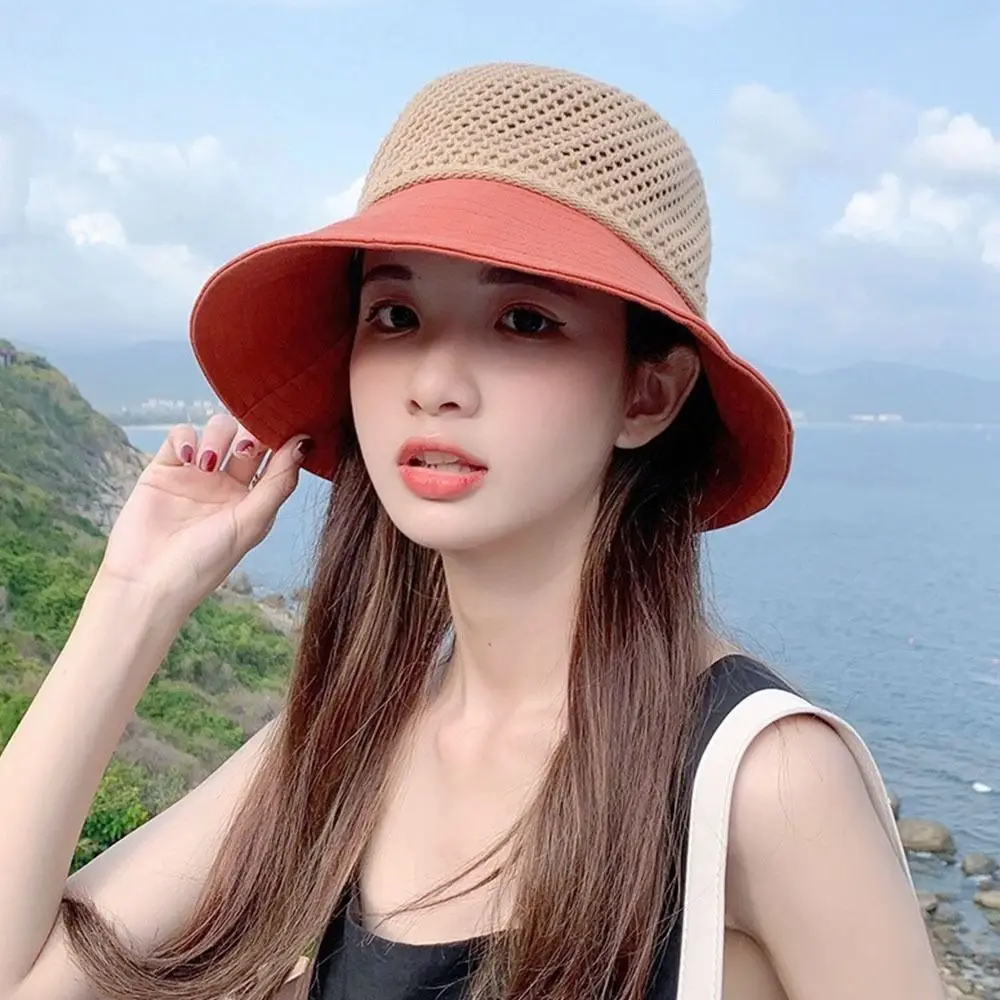 Summer Women Bucket Hat UV Protection Sun Hats Soft Foldable Wide Brim Outdoor Beach Hat Panama Cap Ponytail Cap