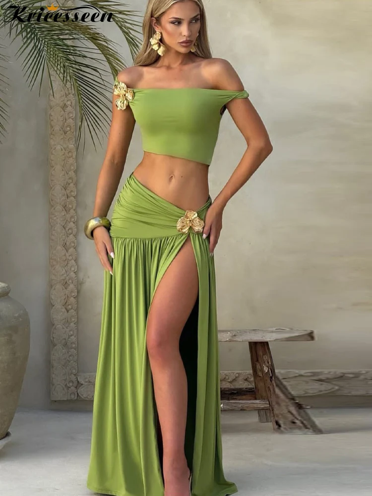 

Kricesseen Sexy Ruched High Slit Long Skirt Set Women Summer Bandeau Top and Skirt 2pcs Set Evening Streetwear Green Outfits