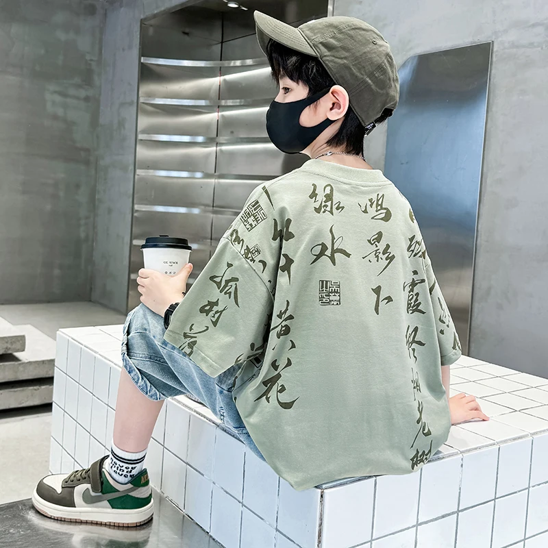 Summer Boys Chinese Calligraphy Print T-Shirts Tee Tops for Kids Cotton Tshirt Child Casual Streetwear Teenage Outerwear Clothes