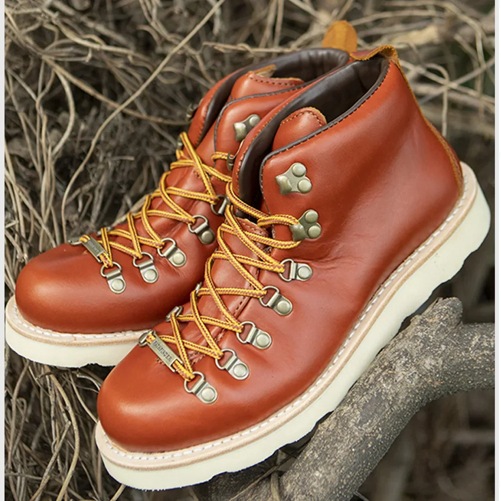 pf Fashion Men's Genuine Leather Motorcycle Boots Work Shoes Goodyear-weld Mid-calf Western Outdoor Walking Boots Non-slip