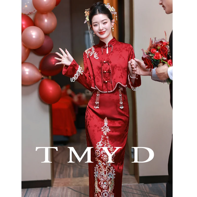 

New Chinese Sle Wedding Dr Red Qipao Suit for Brides Cusizable Wedding Ceremony Return Gift Evening Gown