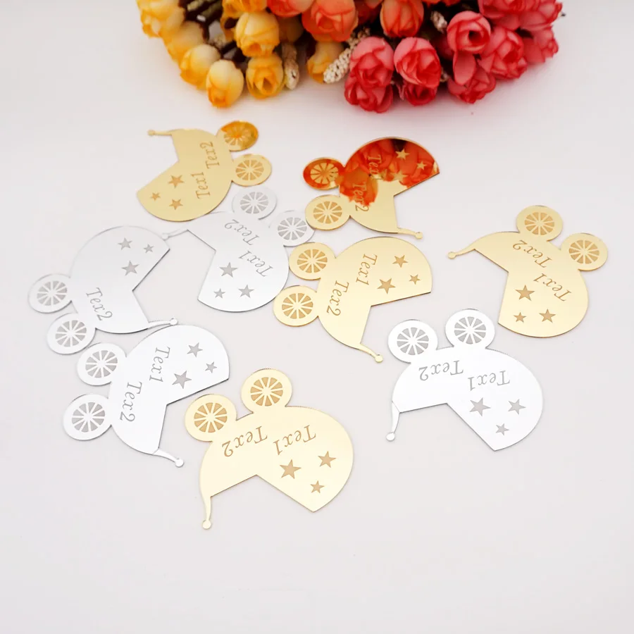 6x6cm Personalized Baby Carriage Mirror Acrylic Sticker Custom Name Party Decor Favors Invitation Card Party Guest Gifts