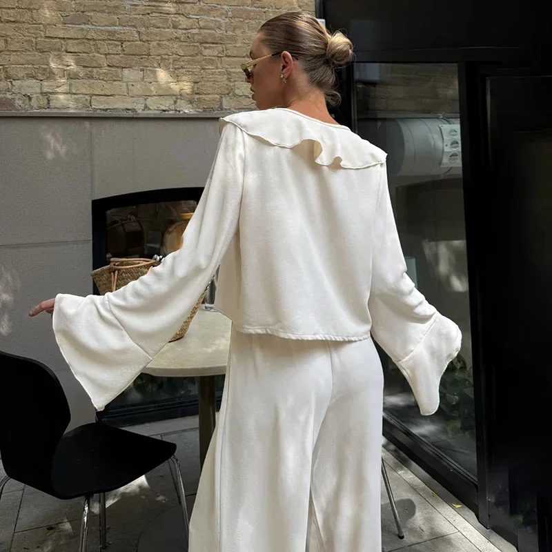 Tornova Ruffled Wide-leg Pants Two Piece Set Female V Neck Long Sleeve T shirt Lace Up High Waist Loose Woman Casual Suit Solid