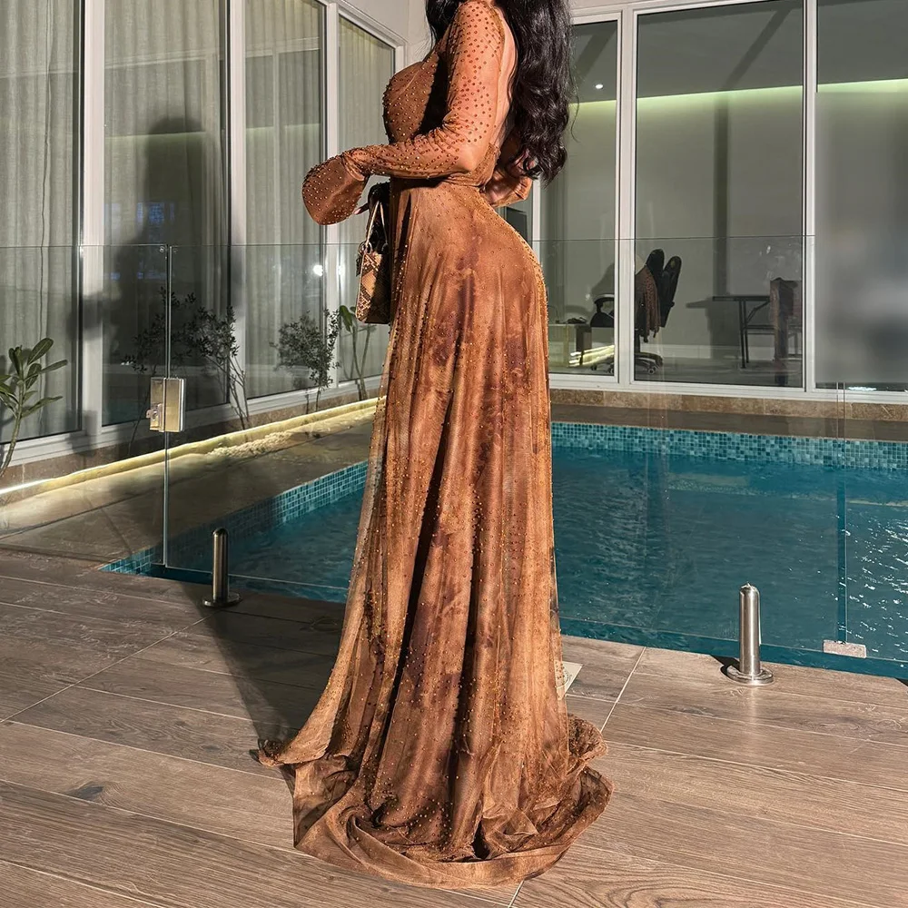 

Customized Brown Tulle and Sparkly Crystal Long Sleeves Evening Dress Modern Sweetheart Open Back Sweep Train Celebrity Gowns