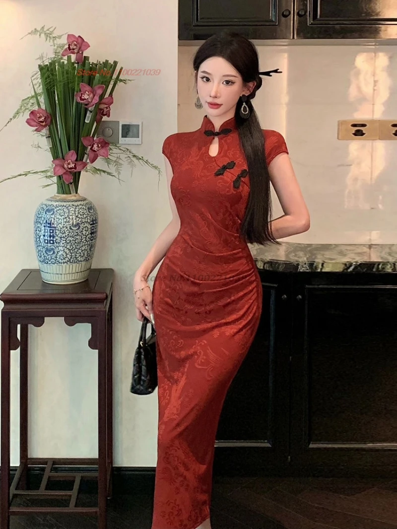 2026 chinese sexy dress improved cheongsam traditional knitted jacquard qipao dress vintage nightclub banquet evening dress