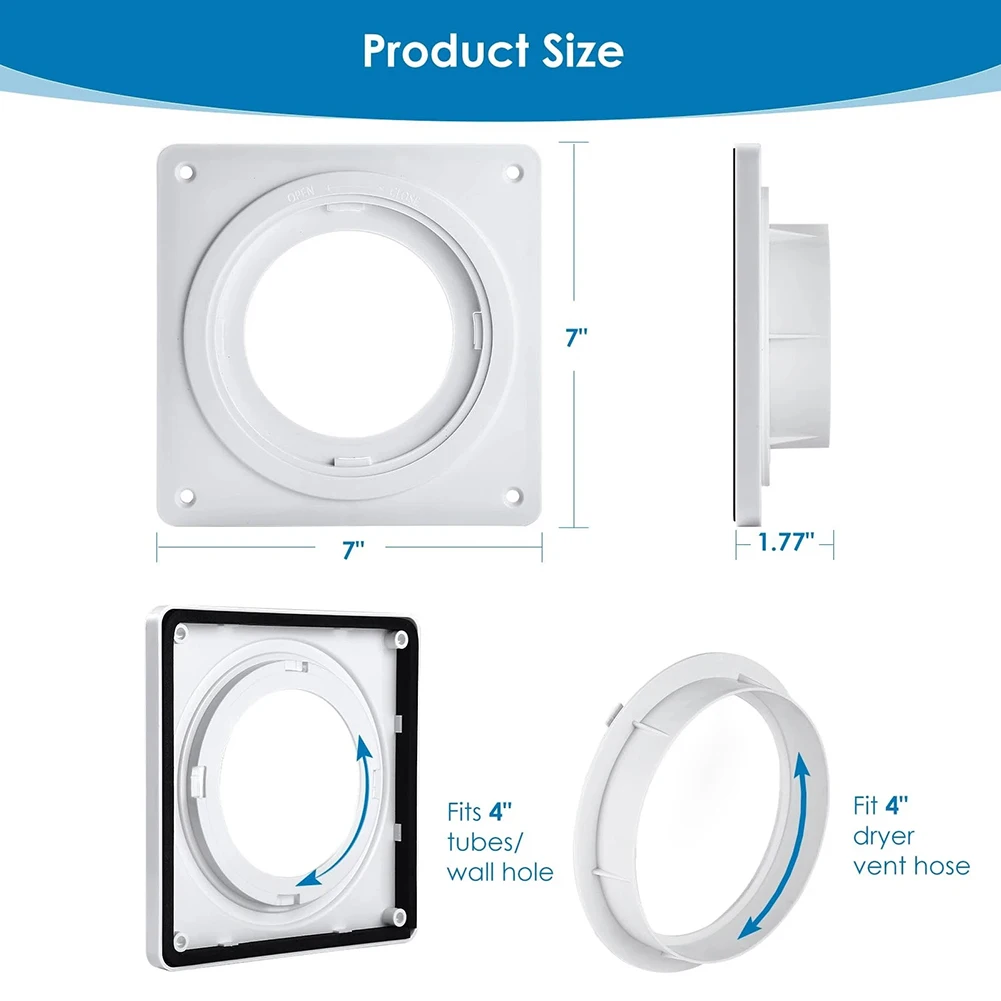 طقم موصل فتحة تهوية المجفف مع لوحة حائط واتصال سريع لخرطوم 4 بوصة، 7 × 7 بوصة لغرفة الغسيل أو عادم الحمام