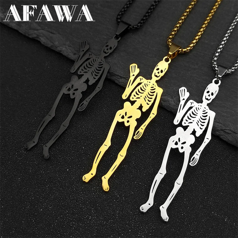 

Punk Hello Skeleton Necklace for Men Women Stainless Steel Gold/Silver/Black Color Goth Death Skull Chain Jewelry collares