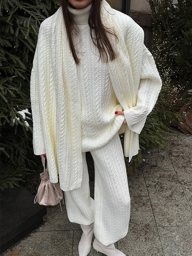 

Tuularose Autumn Knitted Trousers 2-Piece Set Solid Cable Knit Sweater Casual Trousers Set Fashion Commuter Loose Women Pant Set