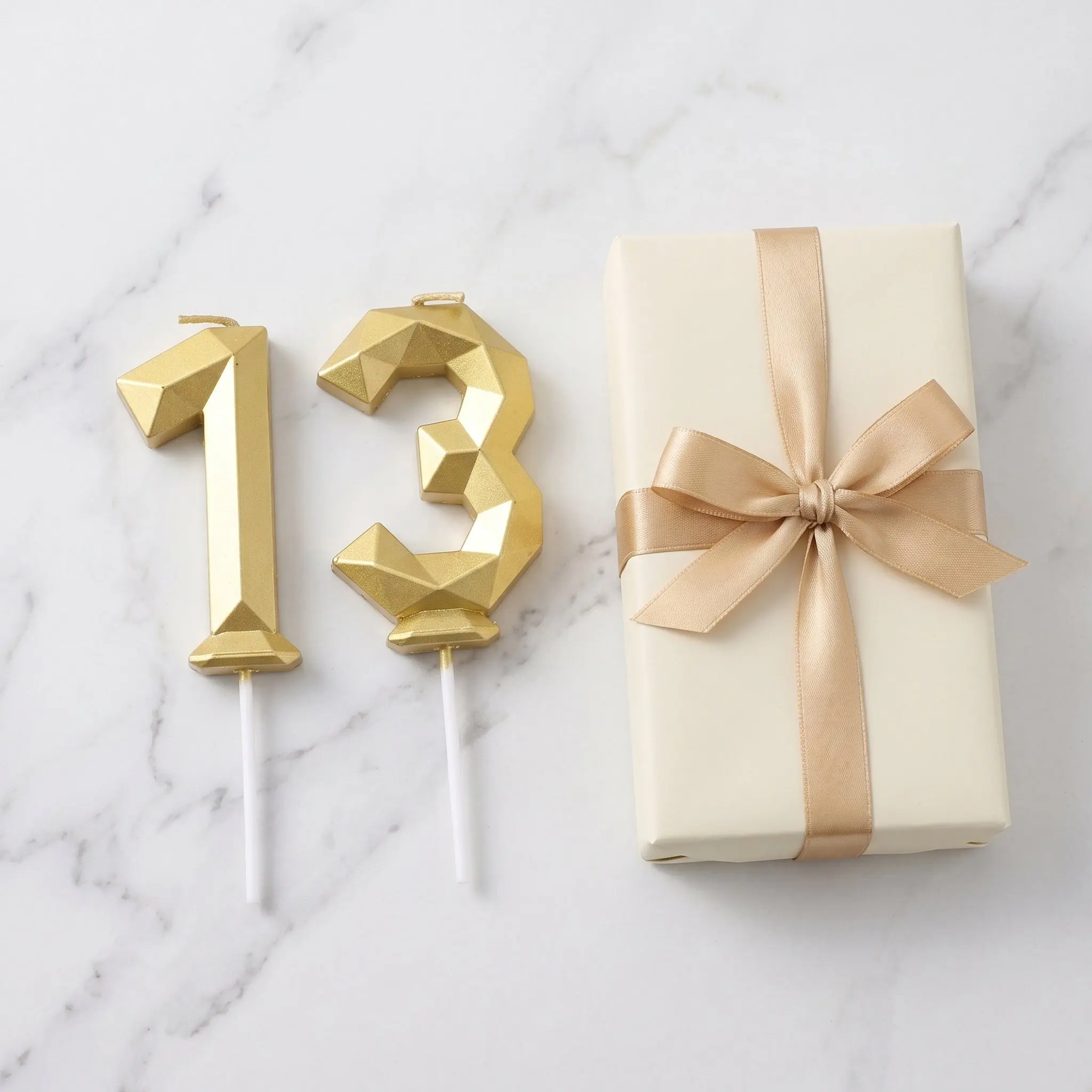 2Pcs 3D Gold Faceted Number Birthday Candles Diamond Cut Cake Topper Party Wedding Anniversary Decoration 13Th Birthday