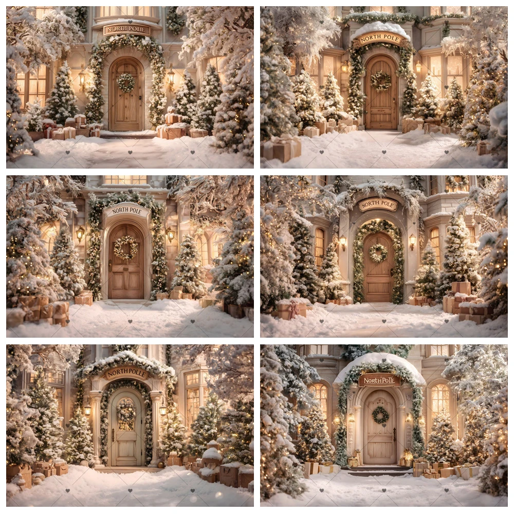 

Рождественский фон для фотографии, Северный столб, снег, деревянная дверь, подарки, рождественская елка, детский семейный портретный декор, фон для фотостудии