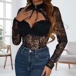 Lace Up Sexy Bodysuits Women O-Neck Long Sleeved Jumpsuits See Through Tops Fashion Spring Summer Female Streetwear