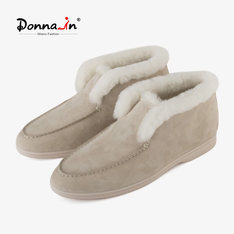 Donna-in Ankle Booties Leather Wool Natural Fur Warm Slip On Couple Style Snow Boots Non-slip Winter Shoes for Men Women