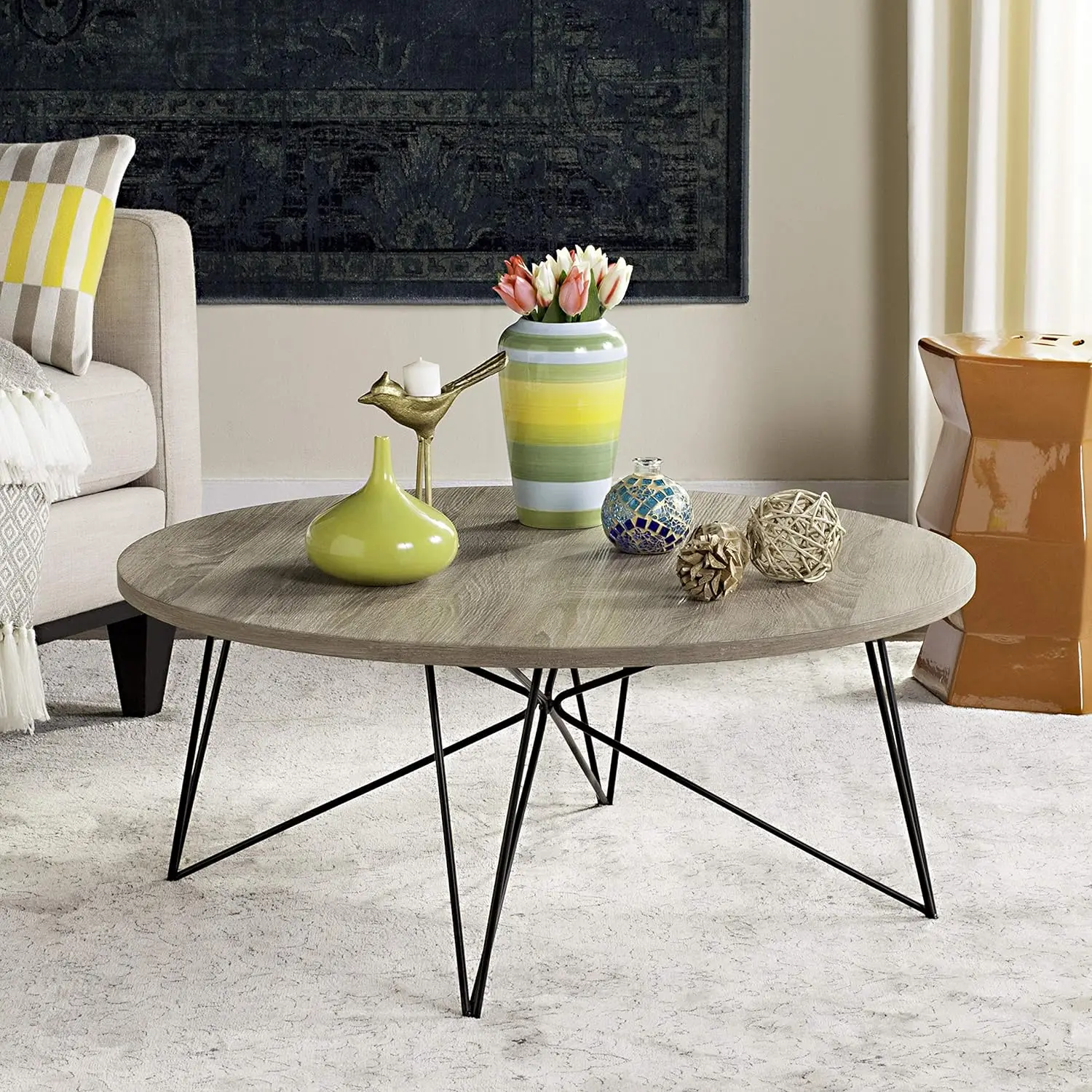 Modern Light Brown Lacquer Round Coffee Table with Hairpin Leg, Minimalist Design Cocktail Center Table for Living Room