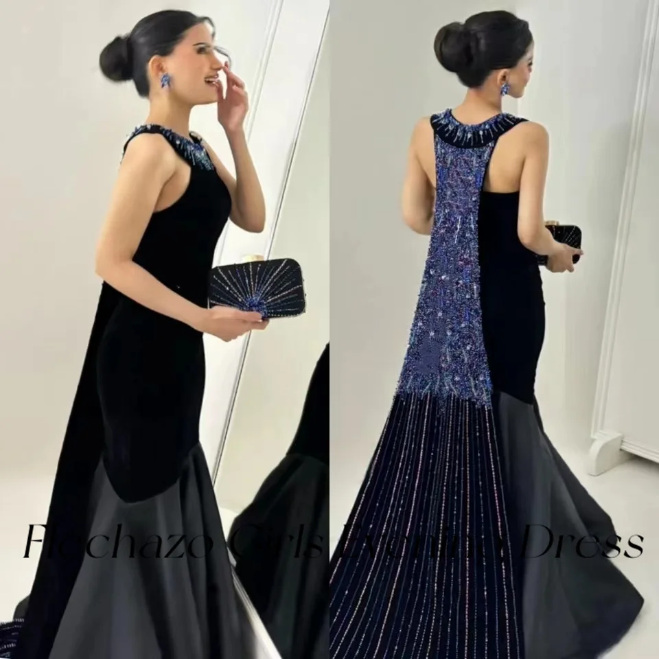 Flechazo Black Prom Dresses Halter Neck Shiny Sequin Bead A Line Luxury Formal Party Dress For Women 2024 vestidos de fiesta