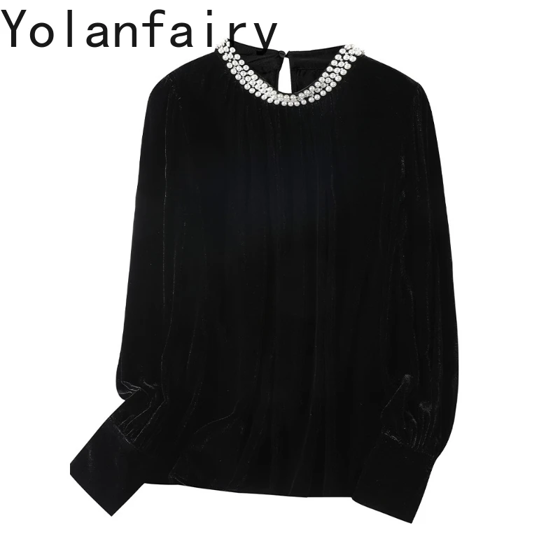

YOLANFAIRY ранняя осень бархатная рубашка из натурального шелка тутового шелка женские топы блузки элегантные рубашки с длинными рукавами женская черная рубашка с бисером