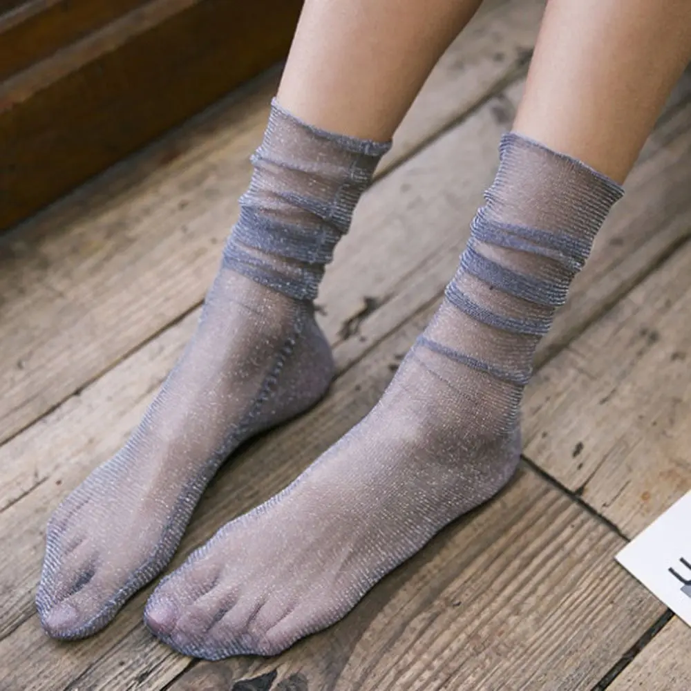 

Comfortable Trendy Gauze Transparent Elastic Simple Korean Style Socks Shiny Glitter Silk Hosiery Women Thin Socks