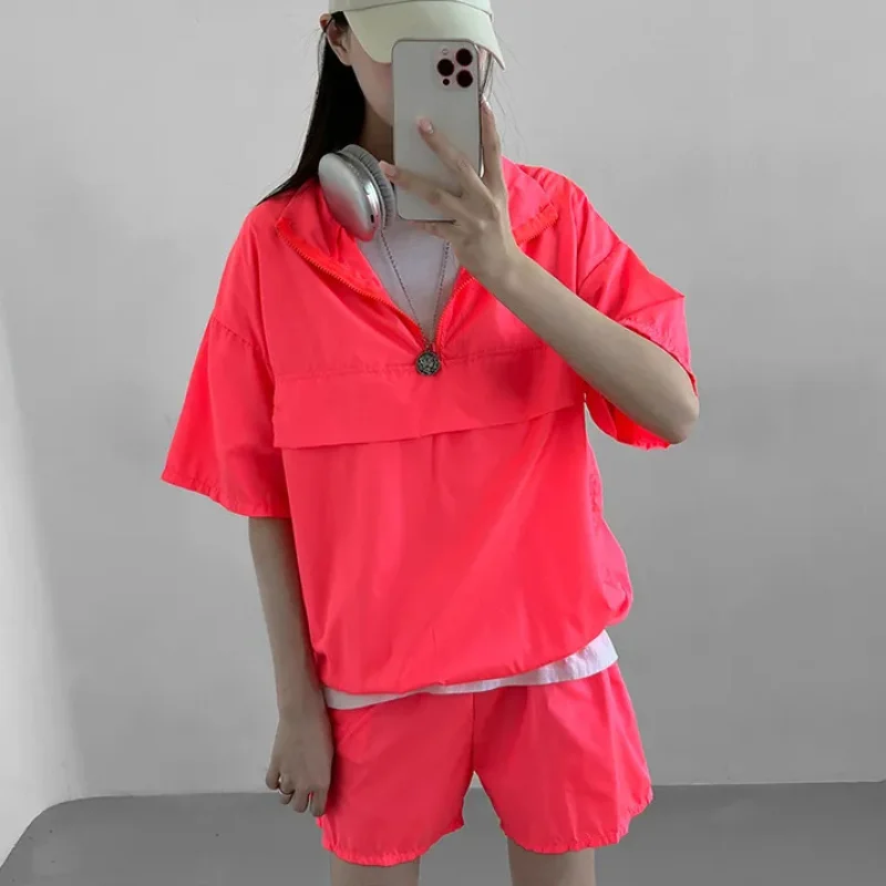 Women Sportswear Sets Female Elastic Waist Solid Color Short Sets2023 Summer Casual Half Sleeve Turn-down Collar Zipper Suits