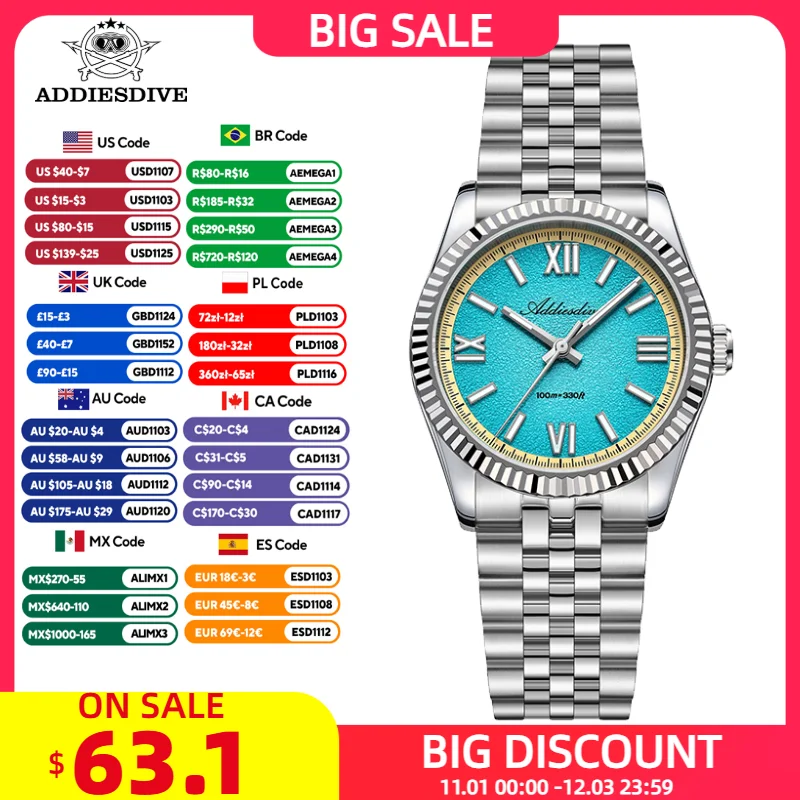 ADDIESDIVE Quartz Watch Men 36mm Luxury Sapphire AR Coated 10Bar Diving Wristwatch Supper Luminous Waterproof VH31 Watches New