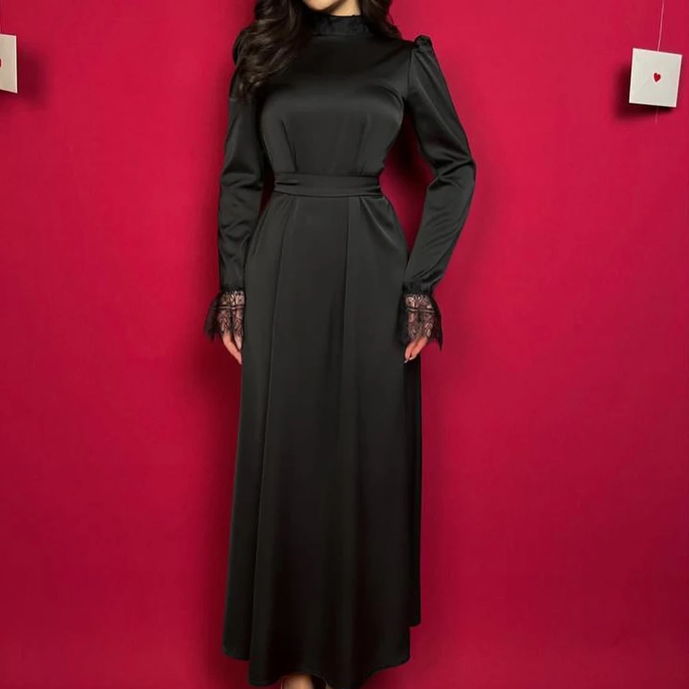 Dubai Evening Caftan Dress Satin Long Sleeves Straight High Neckline Ankle Length Pleats Solid Black Lace Bespoke Occasion Gowns