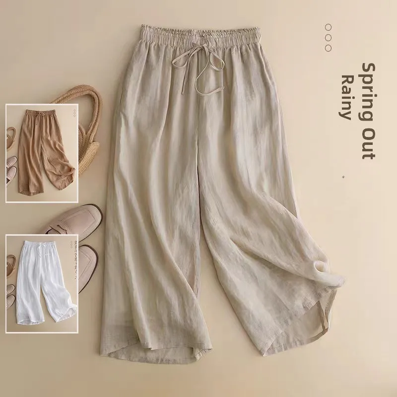 

Loose Wide Leg Pants for plus Size Women High Waist Cotton Linen Straight Leg Nine Point Casual Trousers Slimming Double Layer