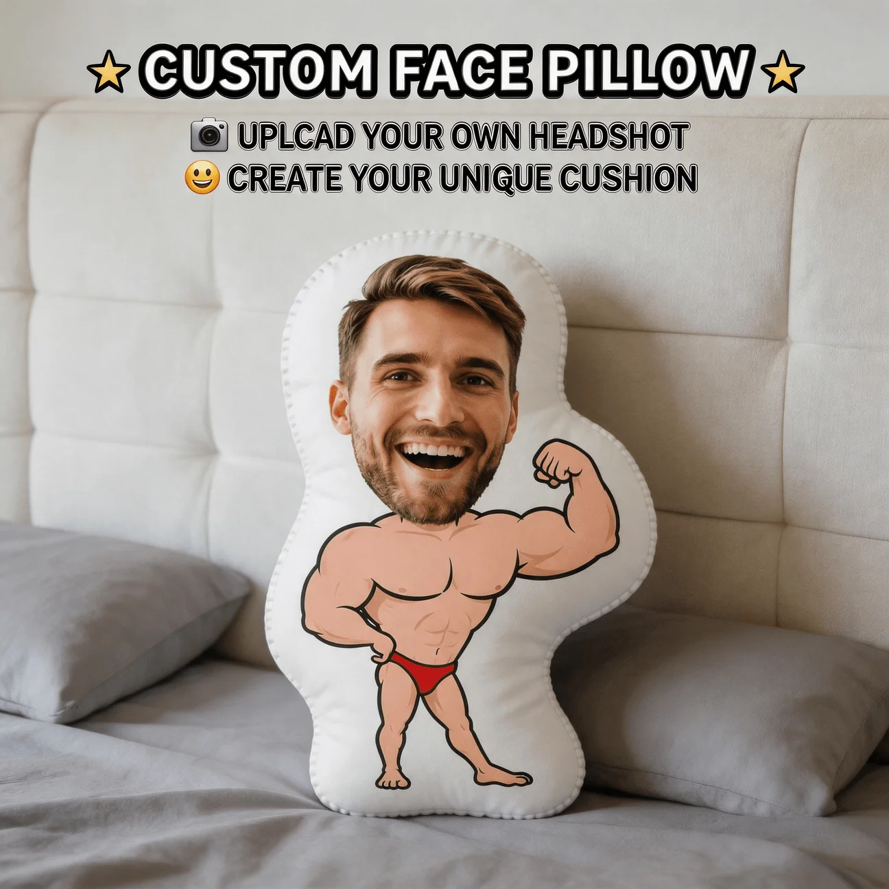 Personalized Photo Face Pillow Custom with Your Own Picture & Text - Bodybuilder Cushion Suitable for Sofa, Bed Decor, Novelty G