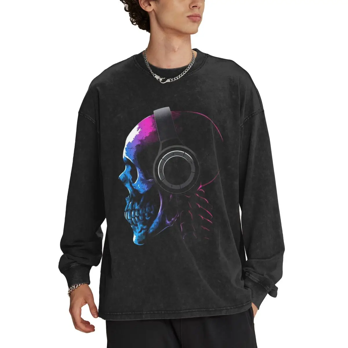 Vintage Oversized T Shirts for Men Cotton Baggy Crew Neck Sweatshirt Acid Wash Long Sleeve Tee Shirts Top Skull Graphic Designed