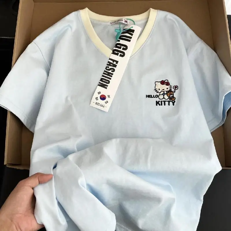 

Новинка 2024 года, футболка Sanrio Hello Kitty из чистого хлопка, милый мультяшный узор с вышивкой, летняя новая мода, комфортный универсальный топ для отдыха