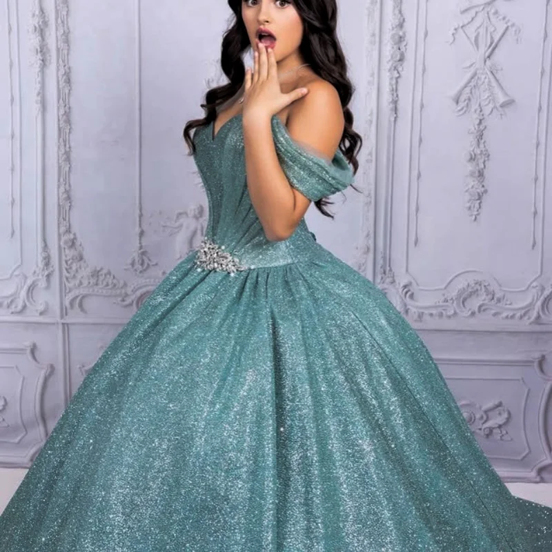 반짝이는 공작새 블루 킨세아녜라 드레스 레이스 레이어링 오프숄더 튤 베스티도스 데 15 킨세아녜라 ﻿ 맞춤형