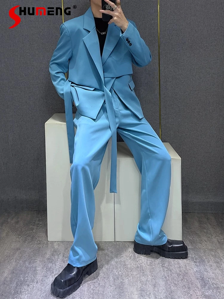 

Мужские 2024, новые модные свободные комфортные элитные уличные искусственные костюмные куртки из двух предметов, стильные модные однотонные шикарные комплекты костюмов