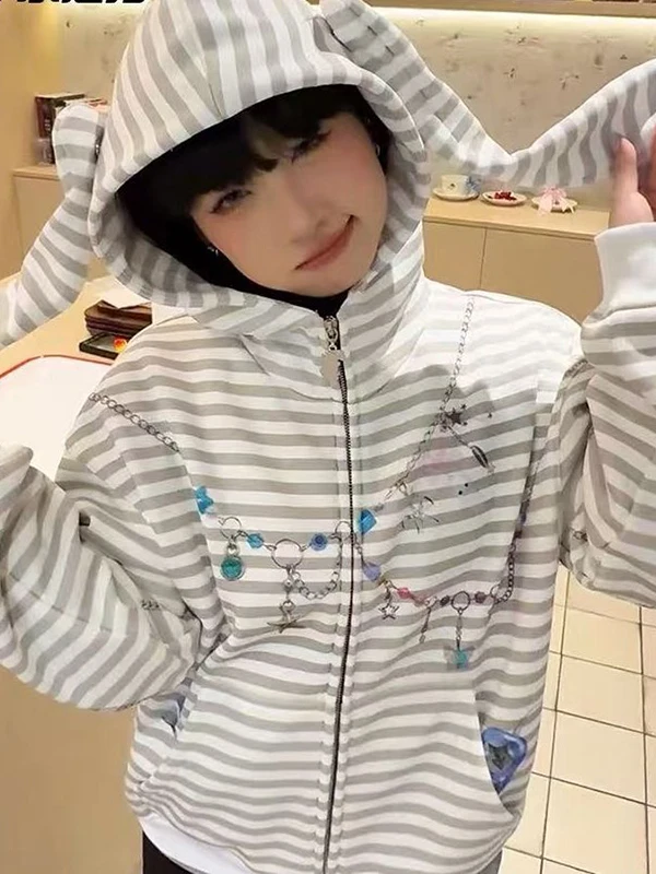 

plus Size 300 Pou Striped Hoodie Women's Loose Cardigan Outerwear Trendy Spring New Sle Comfortable Korean Sle Long Sl...