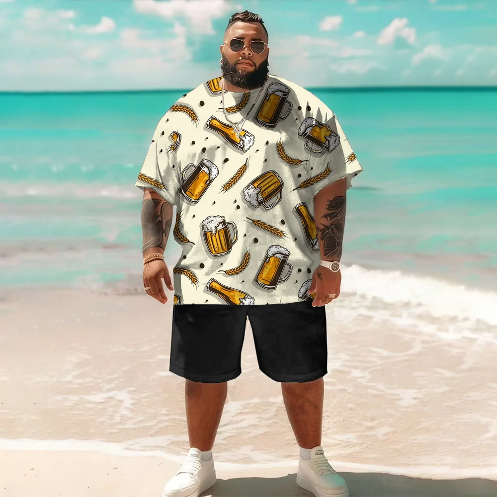 

S-9xl plus size Men's Short Sleeve Set: Beer-Inspired Vibe - 2-Piece Big & Tall Fit, Soft Breathable Fabric, Subtle Mug Prints,
