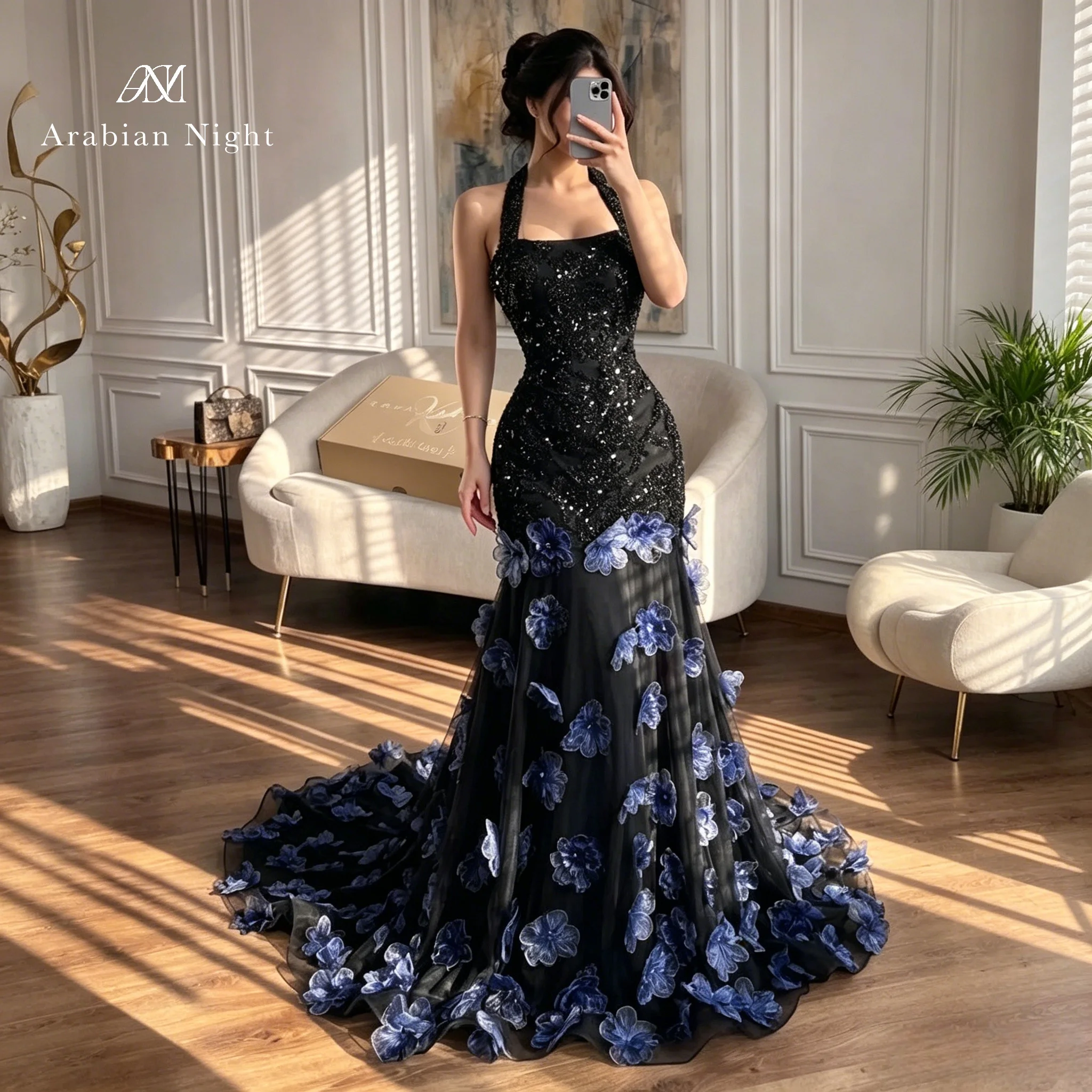 

Custom Black Halter-Neck Strapless Mermaid Gown with Exquisite Beaded Hem And Blue Floral Embroidery Elegant Princess Dress