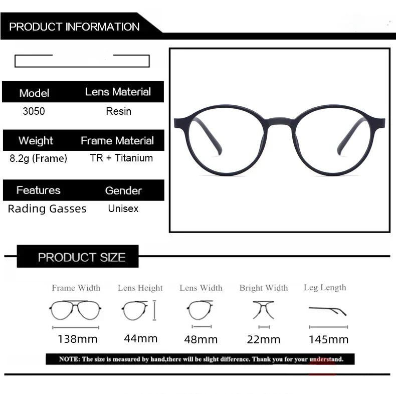 3050 Reines Titan Runde Rahmen Anti Blau Licht Lesebrille Männer Und Frauen Computer Presbyopie Brillen Vergrößerungs Brillen – Detail 7