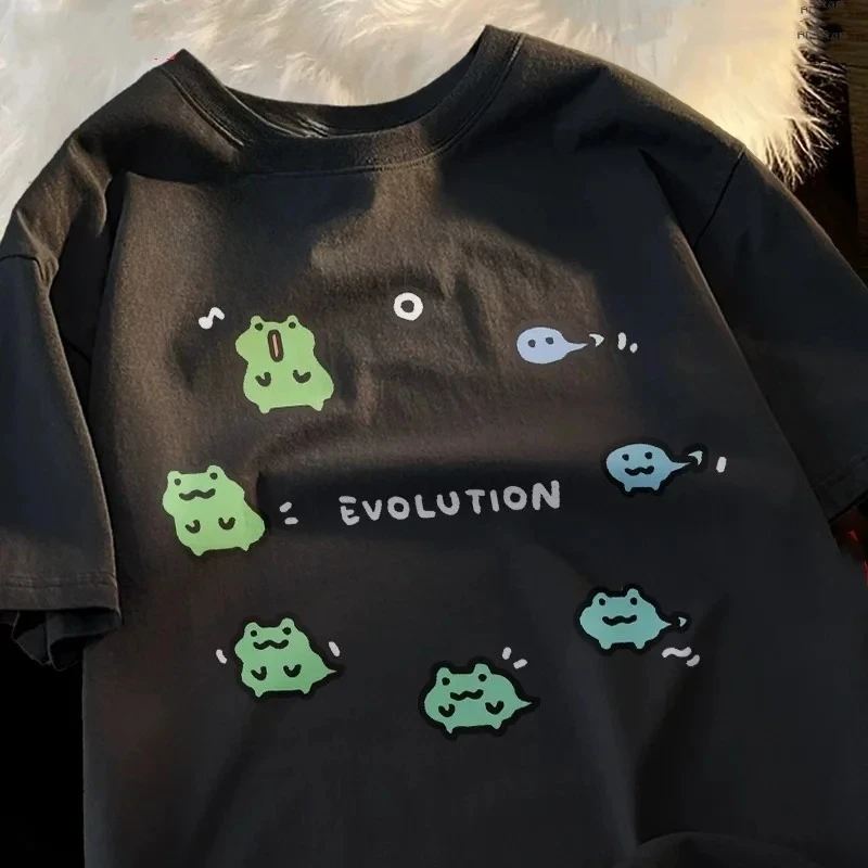 2025 New Frog Evolution Print Women's T-Shirt Japanese Retro Streetwear Casual Fashion Summer Tee Vintage Clothes