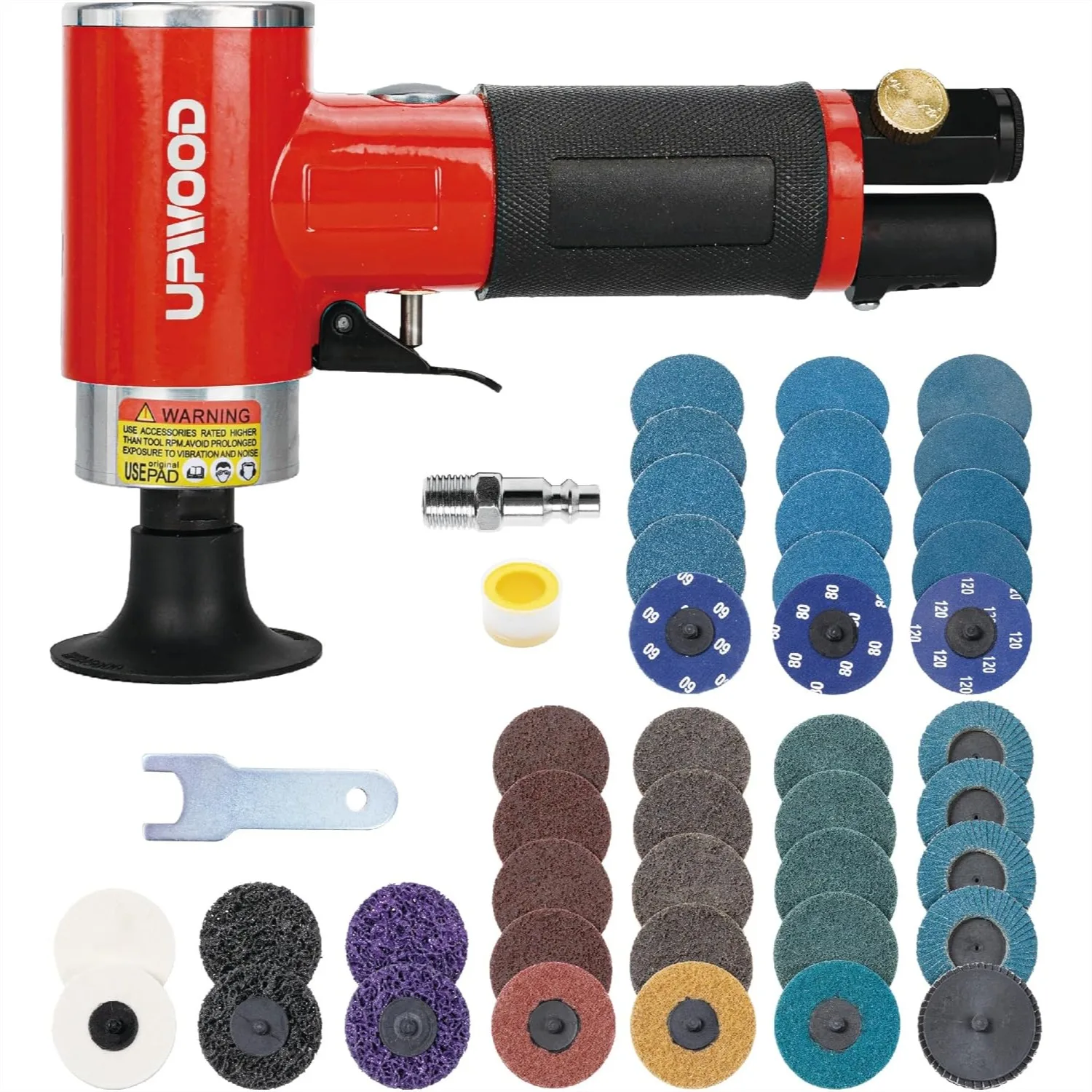

Pneumatic Mini Orbital Sander Grinder Polisher Kit, 2 inch Air Right Angle Surface Prep Tool with 41pcs Roll Lock Discs