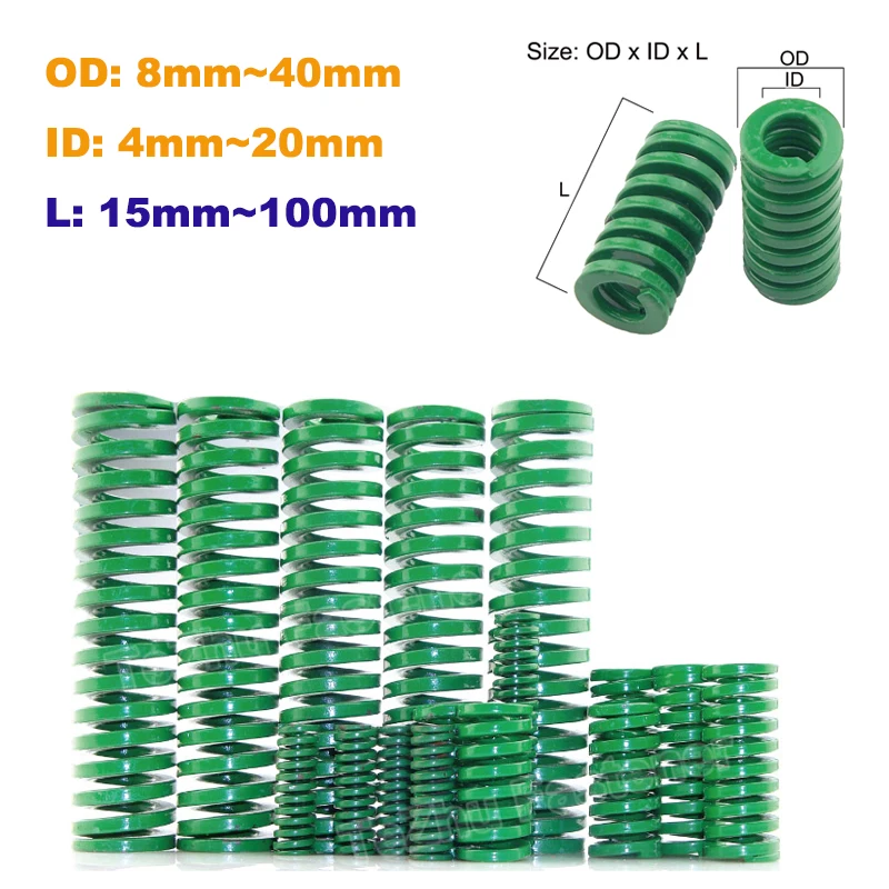 1pc Green Heavy Load Compression Mould Die Pressure Steel Spiral Spring OD 8mm~40mm ID 4~20mm Length 15~100mm Furniture Fittings