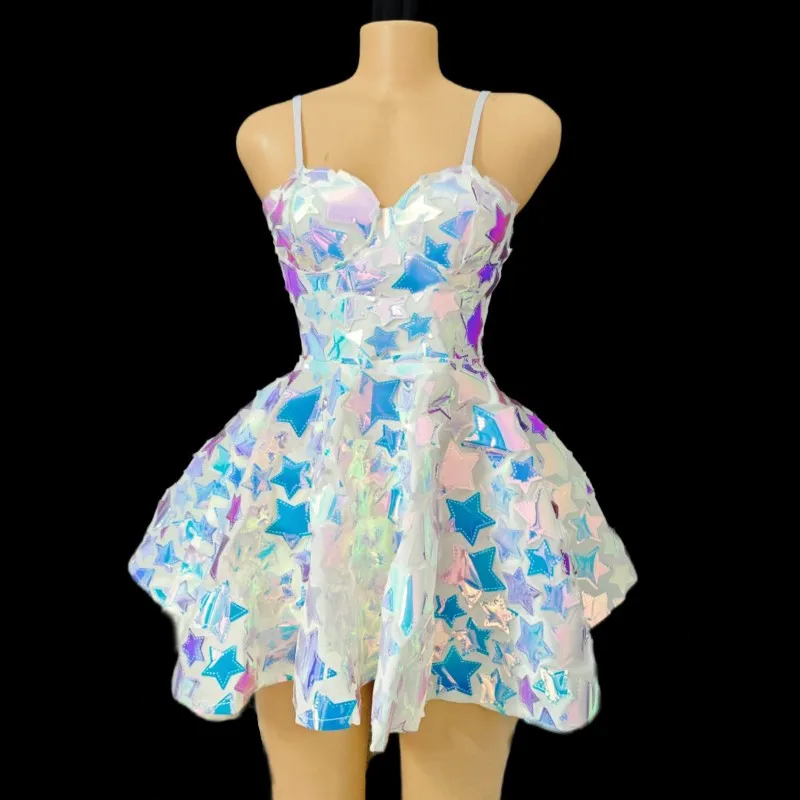 

Sexy Laser Star Pattern Sling Short Dress for Women Birthday Party Dress Festival Rave Outfit Singer Stage Performance Costume