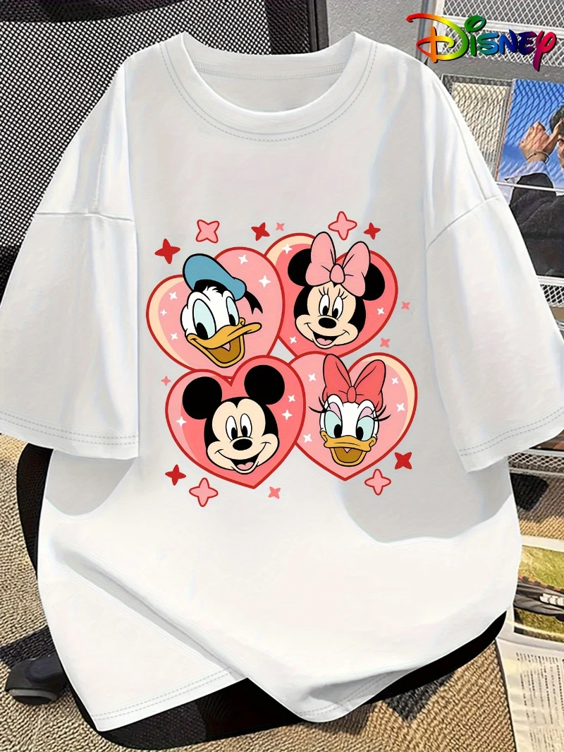 

Женская футболка Disney с розовым сердечком, дышащая ткань, свободная и повседневная повседневная женская одежда