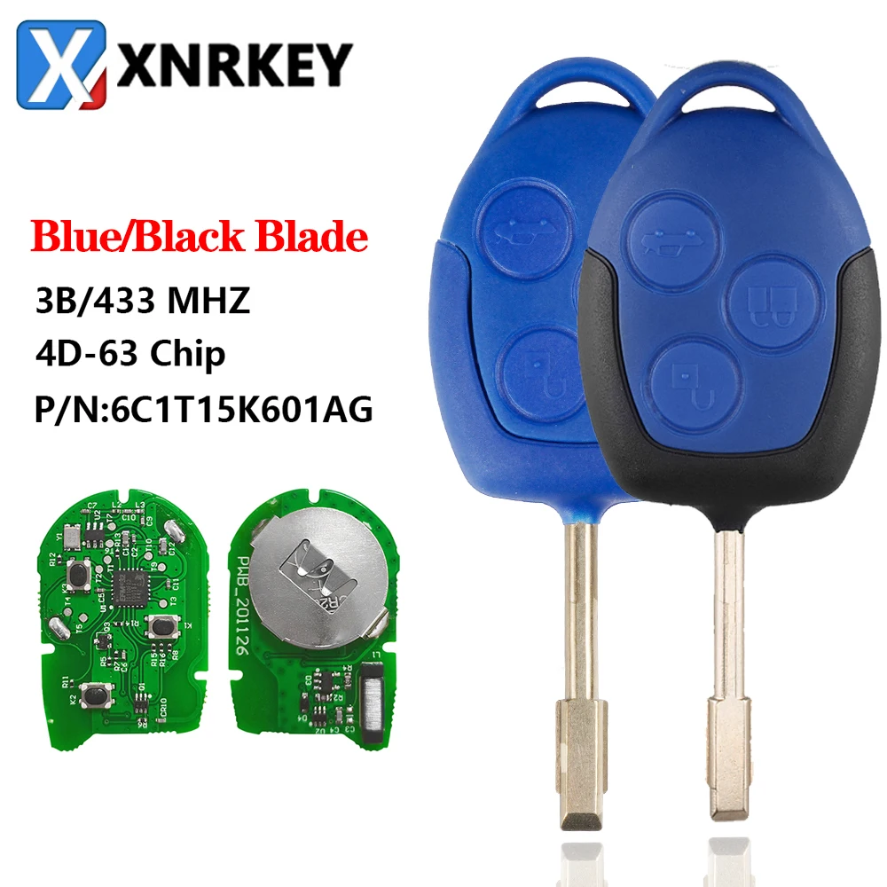 

XNRKEY 3 Button Car Remote Key 4D63 Chip 433Mhz with Blue/Black Blade for Ford Transit WM VM 2006-2014 Car Key P/N: 6C1T15K601AG