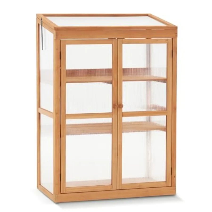 Cold Frame Greenhouse for outdoor gardening, wooden cabinet with shelves, natural wood color, weather-resistant and space-savin