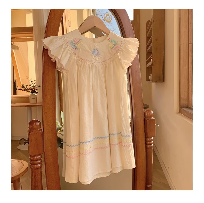 Kids Clothes Naval Style Rainbow Sailed Boat Embroidery Girls Dress Summer 2026 New Fashion Sleeve Children Skirts Wholesale