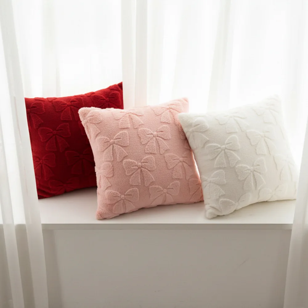 Solid-Color Rabbit Fur Jacquard Bow Pillowcase Cojines Lovely Plush Living Room Sofa Decoration Pillow Cushion Covers 45x45cm
