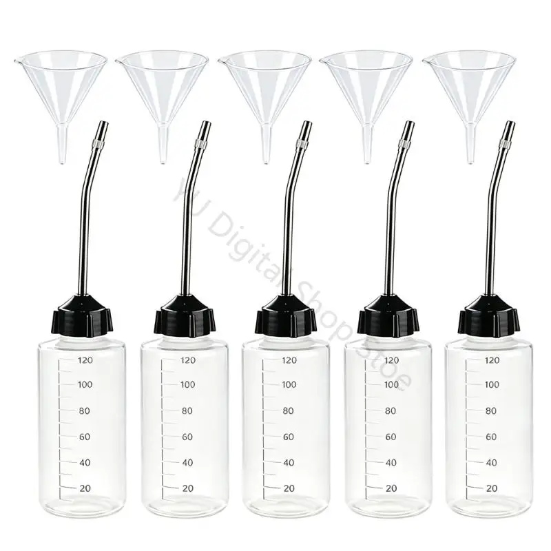 96BA Graduated Targeted Oiler Bottles with Long Narrow Curved Spouts, 5 Empty Dispensers and Filling Aids for Models and Small