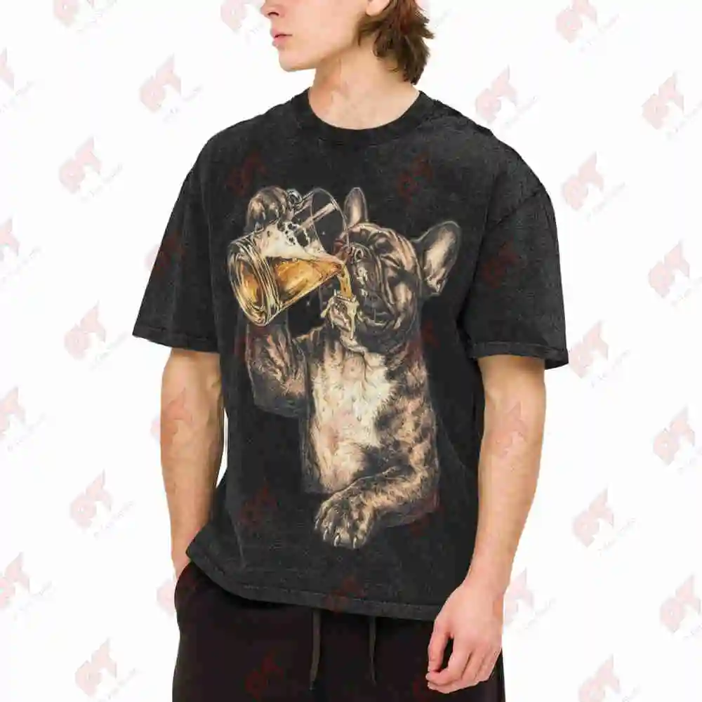 French Bulldog Beer Vintage Washed Tee Pure Cotton T-Shirt
