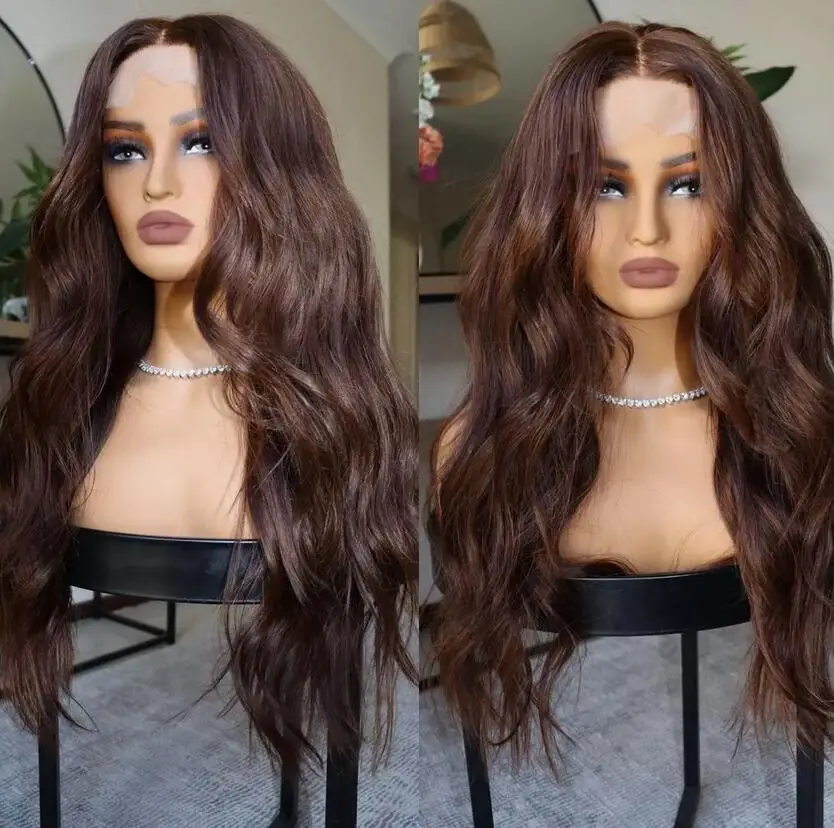 Lace Front Wigs Brown Pre Plucked Long Wavy Synthetic Hair Heat Resistant